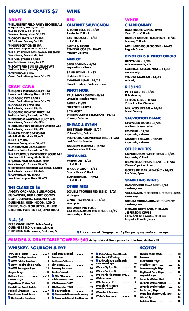 Top Deck Bar Menu - Image 1